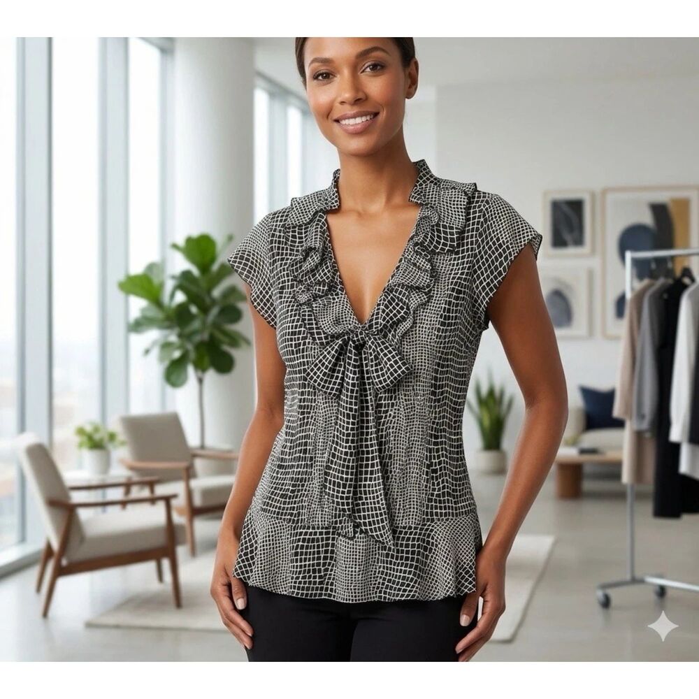 Allison Taylor Blouse Womens sz L Ruffle Tie Front Feminine Timeless Career New